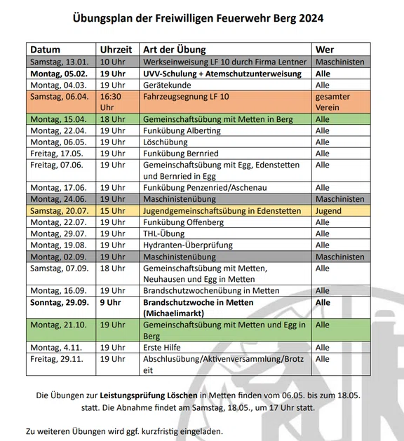 Übungsplan 2024 der FF Berg